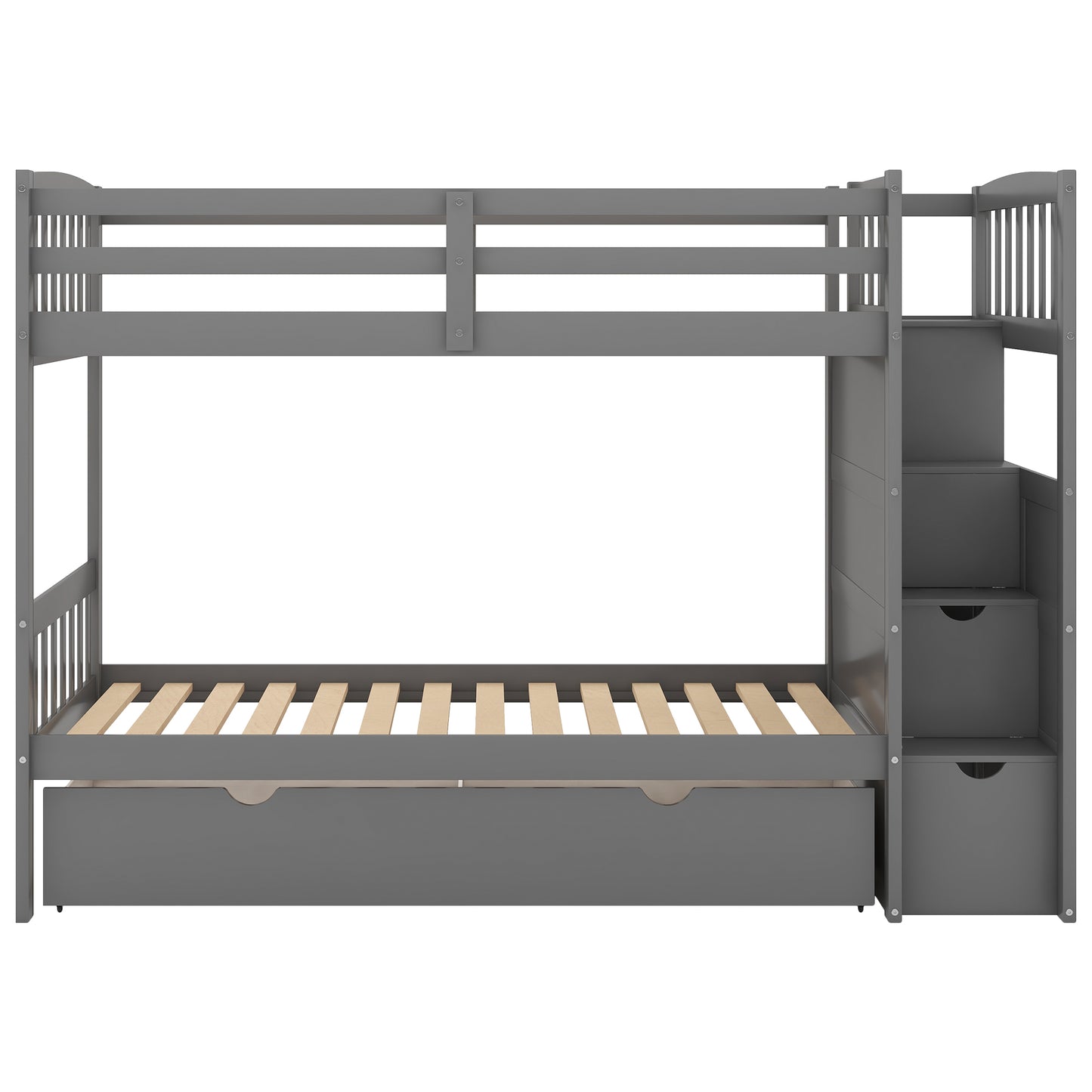 Gray wooden bunk bed with stairs and pullout trundle for kids room