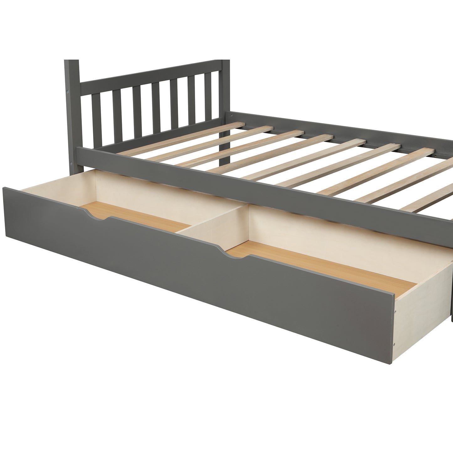 Gray wooden twin bed frame with two builtin storage drawers for kids room