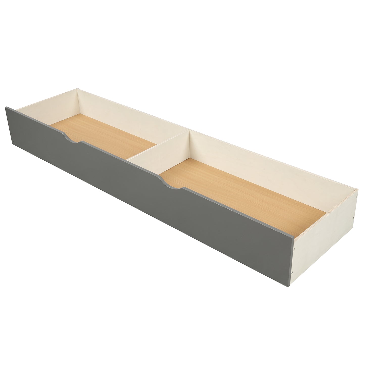 Grey wooden underbed storage drawer with two compartments and light wood interior