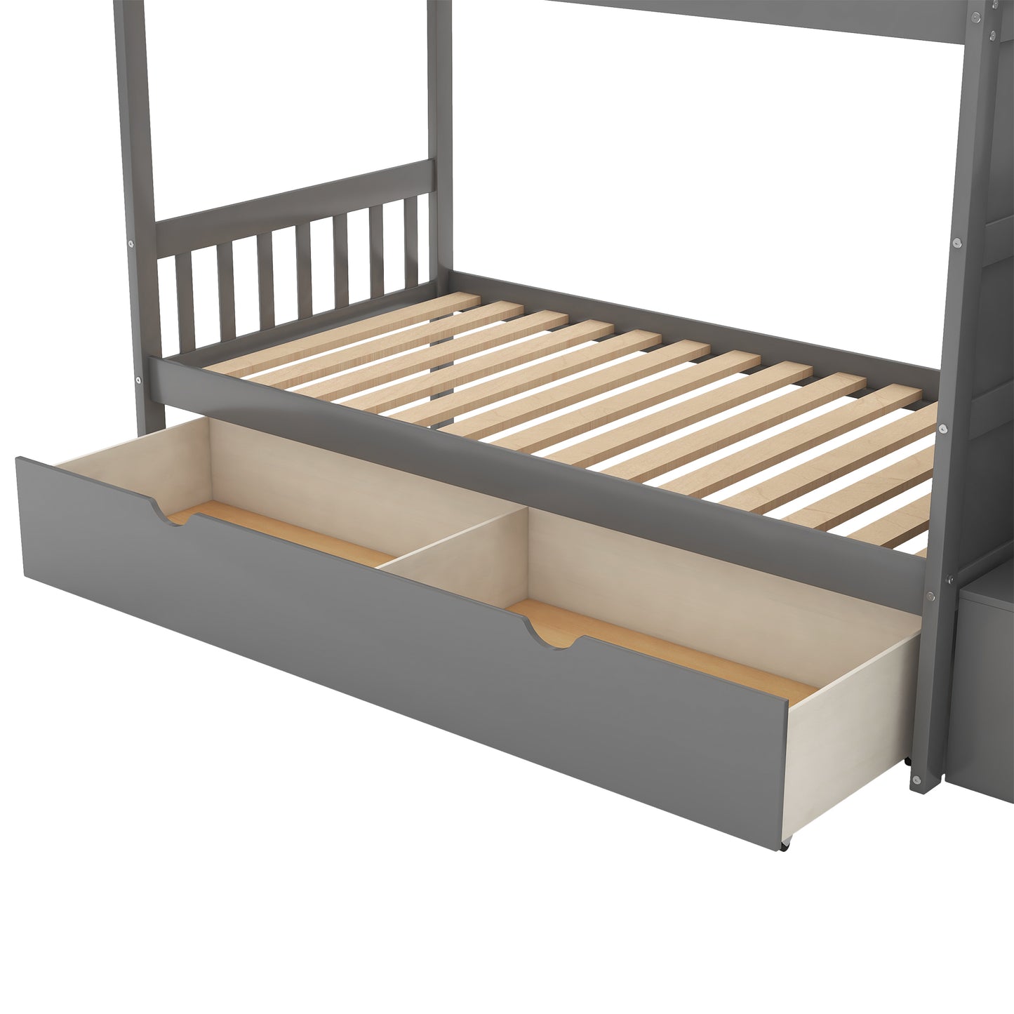 Gray wooden bunk bed with open storage drawer for kids