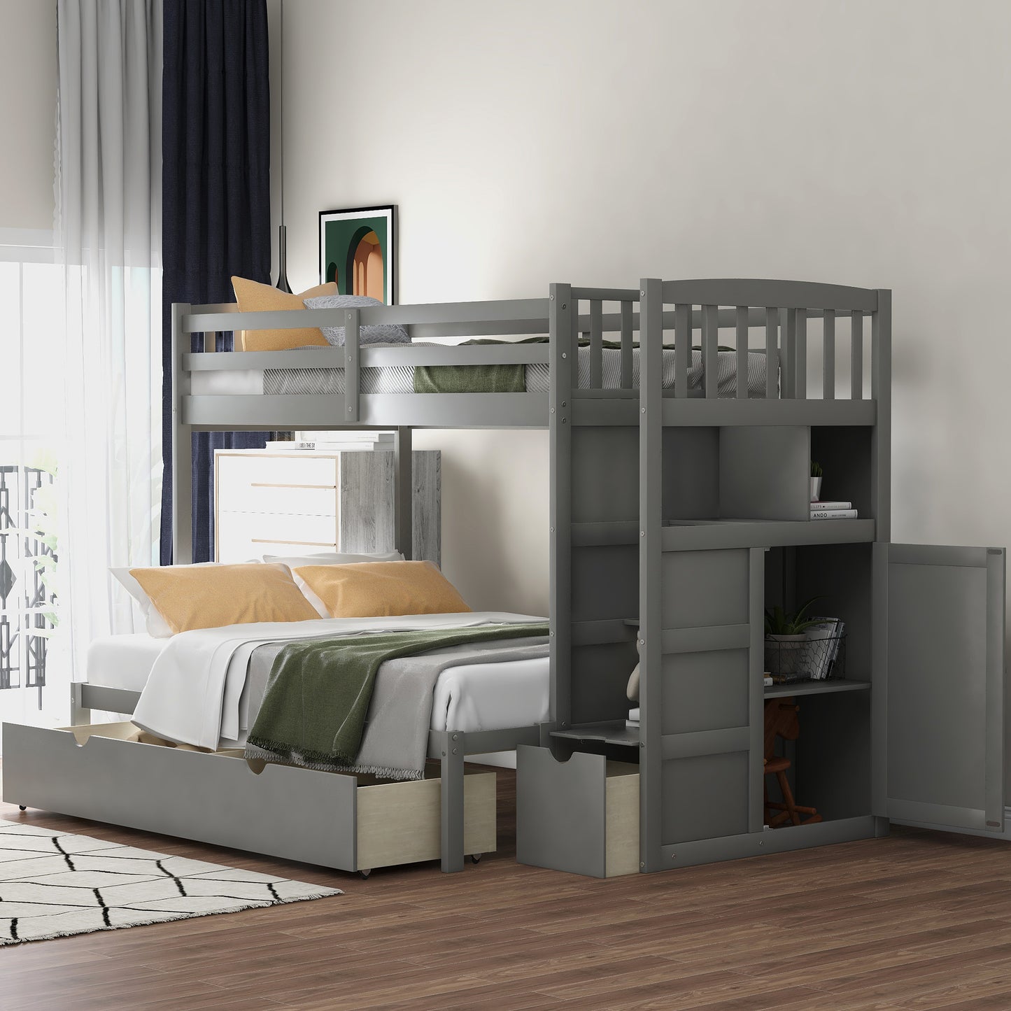 Grey wooden bunk bed with builtin storage drawers and shelving