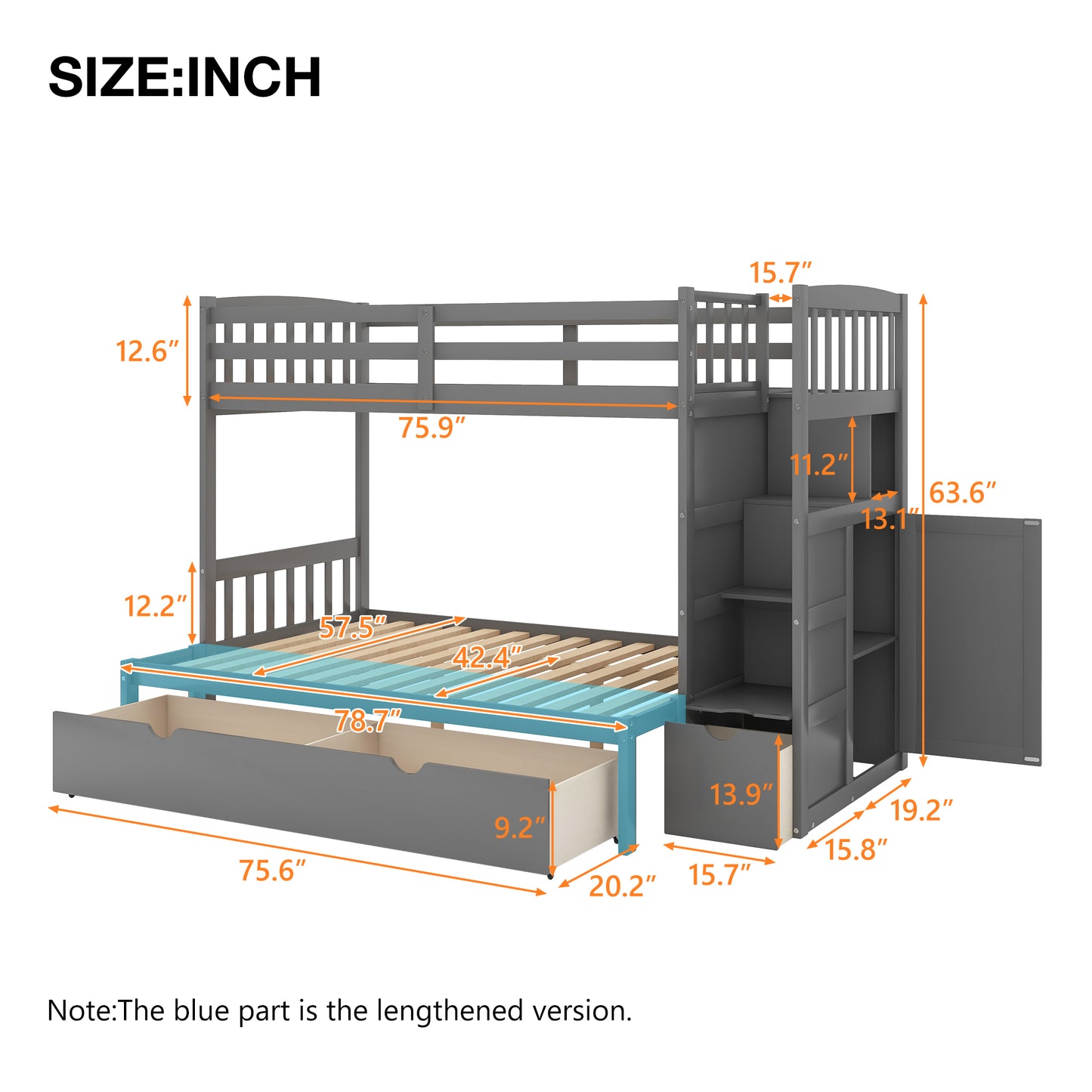 Gray wooden bunk bed with stairs storage drawers and dimensions labeled