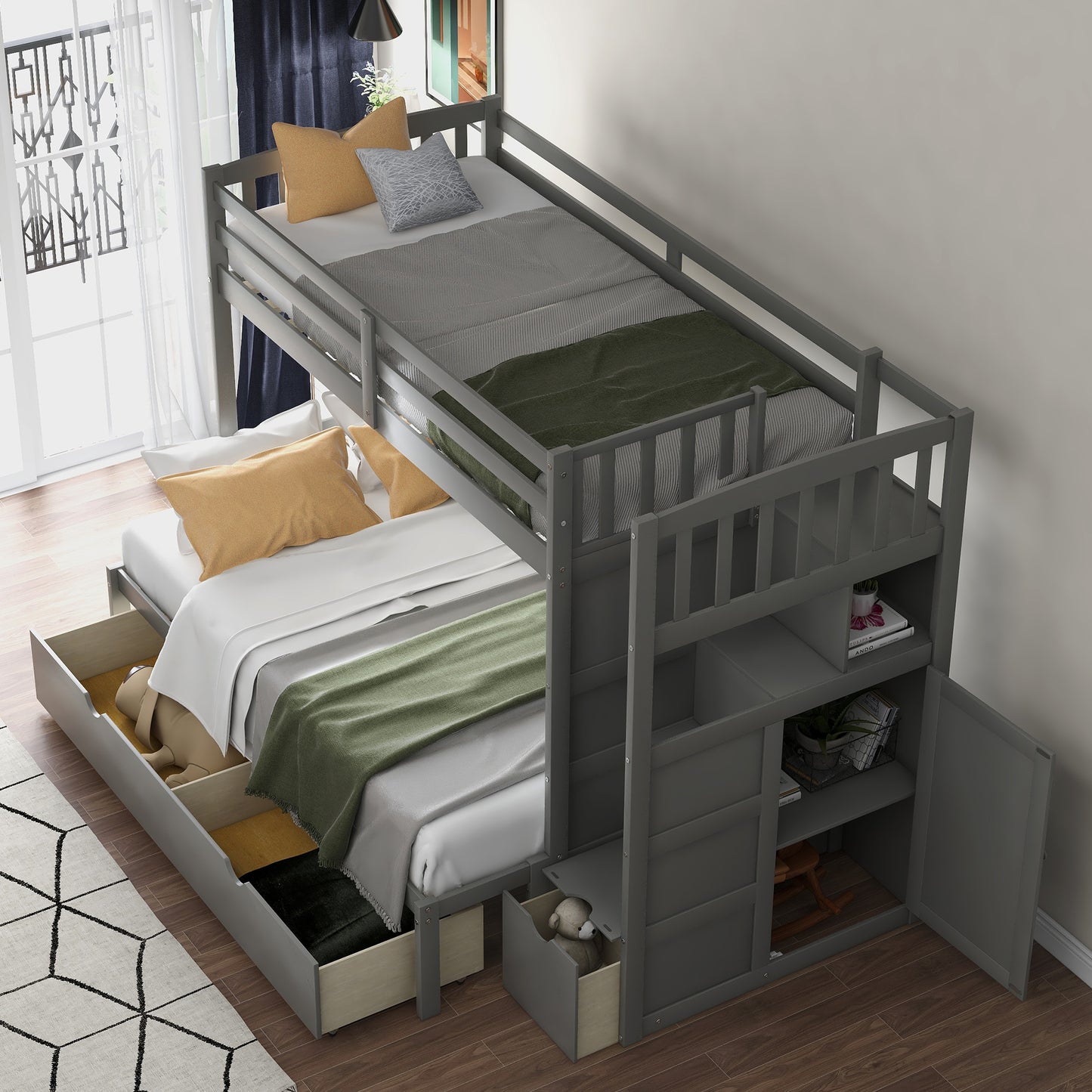 Gray wooden bunk bed with drawers for kids room