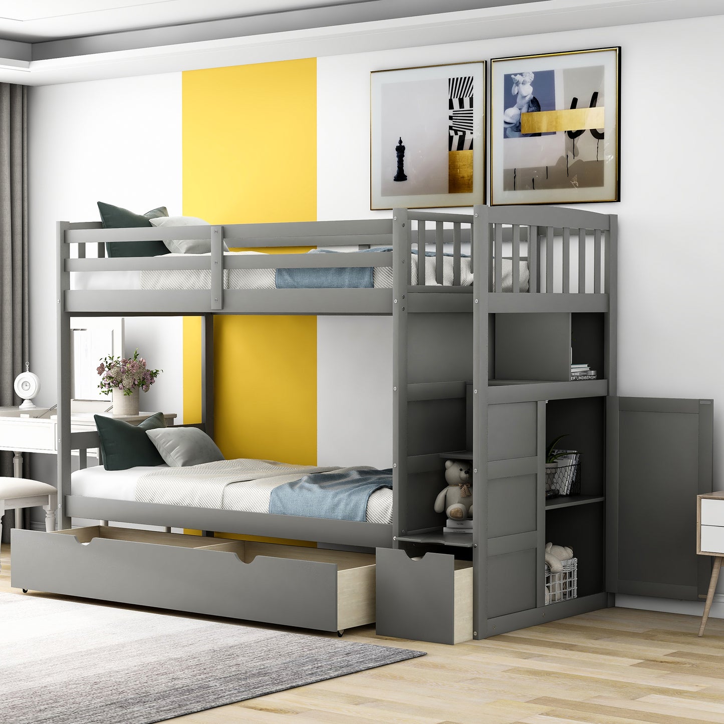 Grey wooden bunk bed with storage stairs and pullout trundle