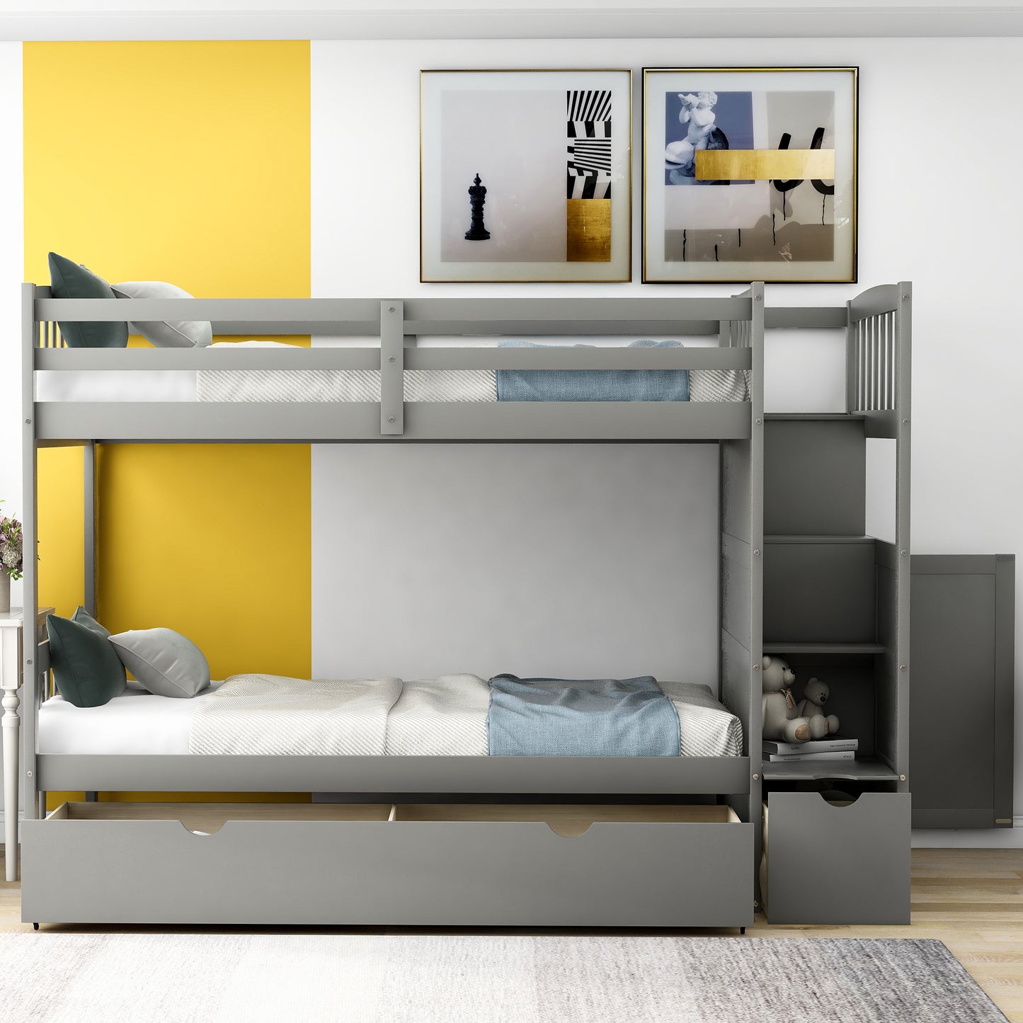 Grey wooden bunk bed with storage drawers and shelving for childrens room