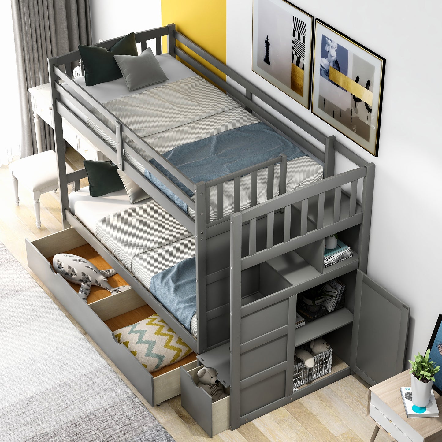 Gray wooden bunk bed with drawers and storage shelves ideal for kids rooms