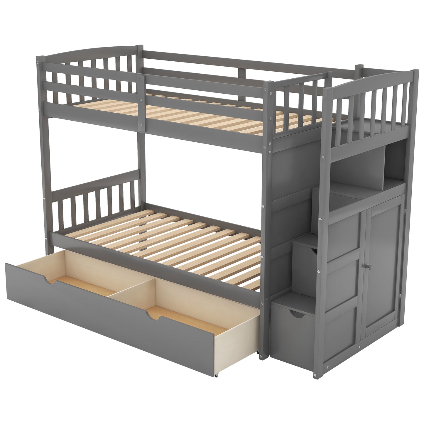 Gray twin over twin bunk bed with integrated storage drawers and stairs
