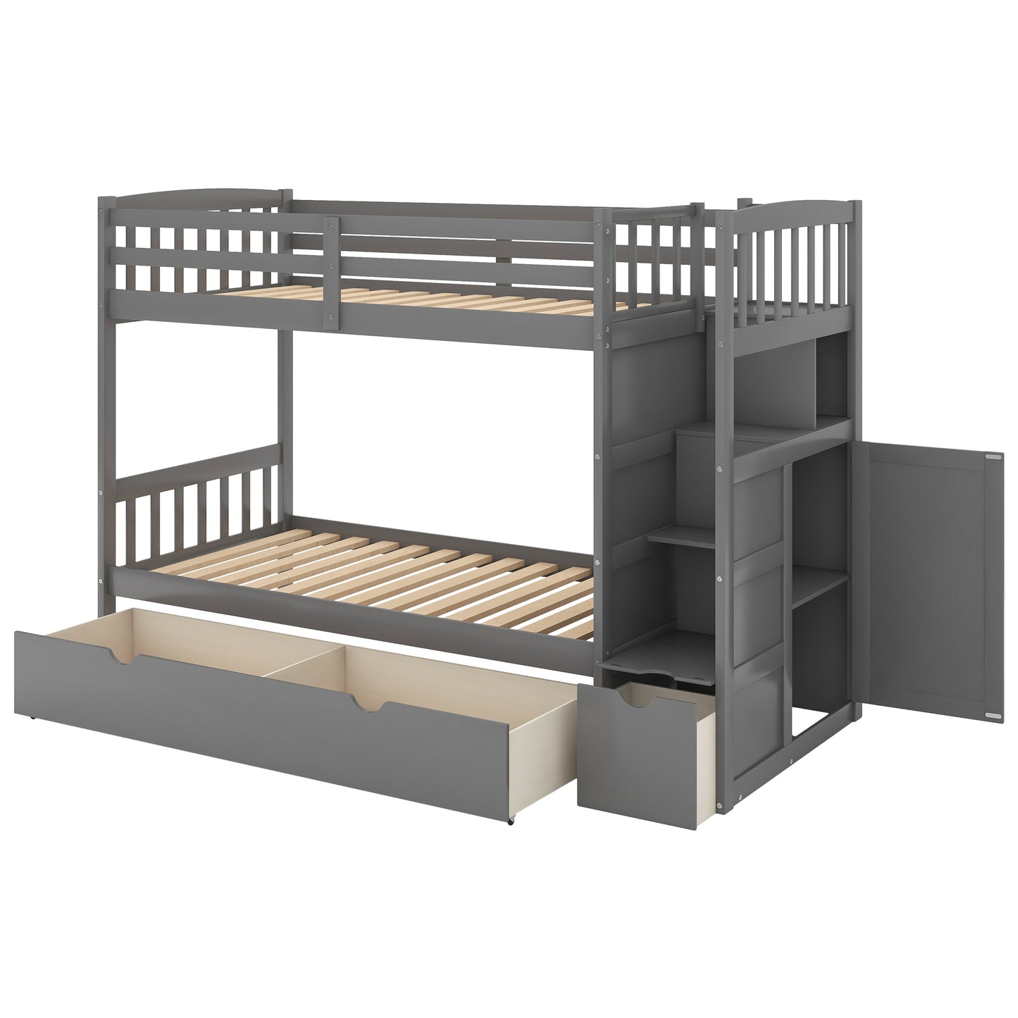 Gray wooden bunk bed with staircase storage drawers and cabinet