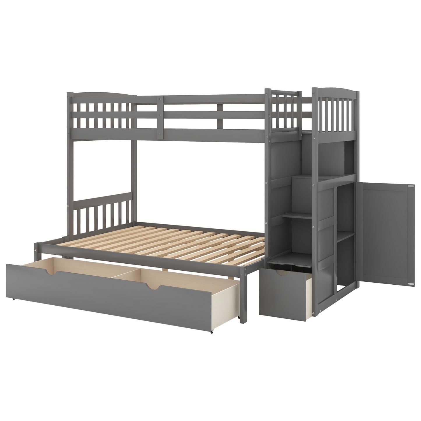 Gray wooden bunk bed with stairs storage and drawers for kids room