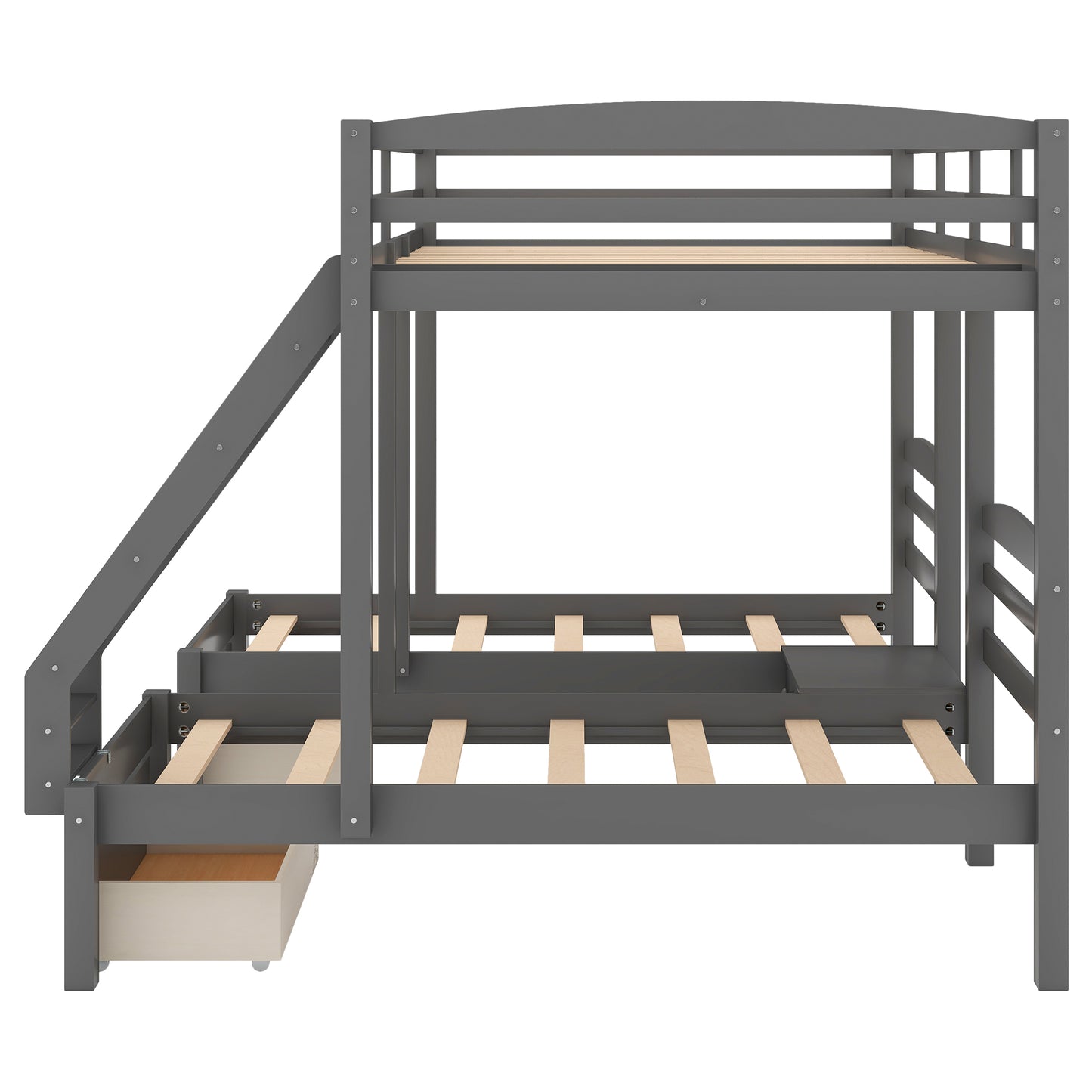 Gray bunk bed with ladder and integrated storage drawer perfect for kids rooms