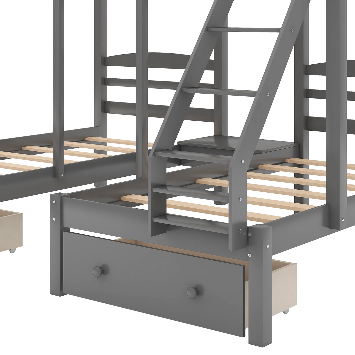 Gray wooden bunk bed with stairs and two drawers functional design