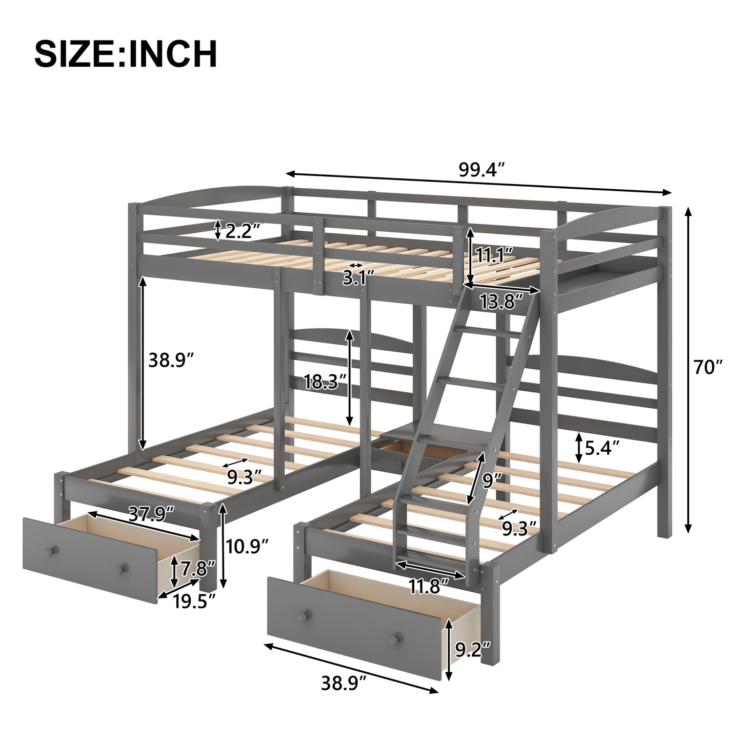 Gray wooden triple bunk bed with two drawers under bottom beds