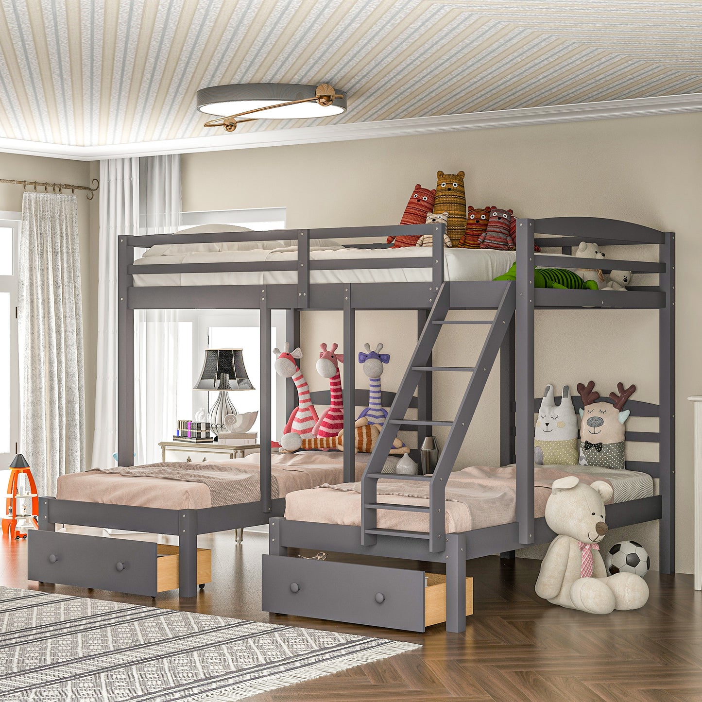 Gray triple bunk bed with drawers for kids spacious and modern