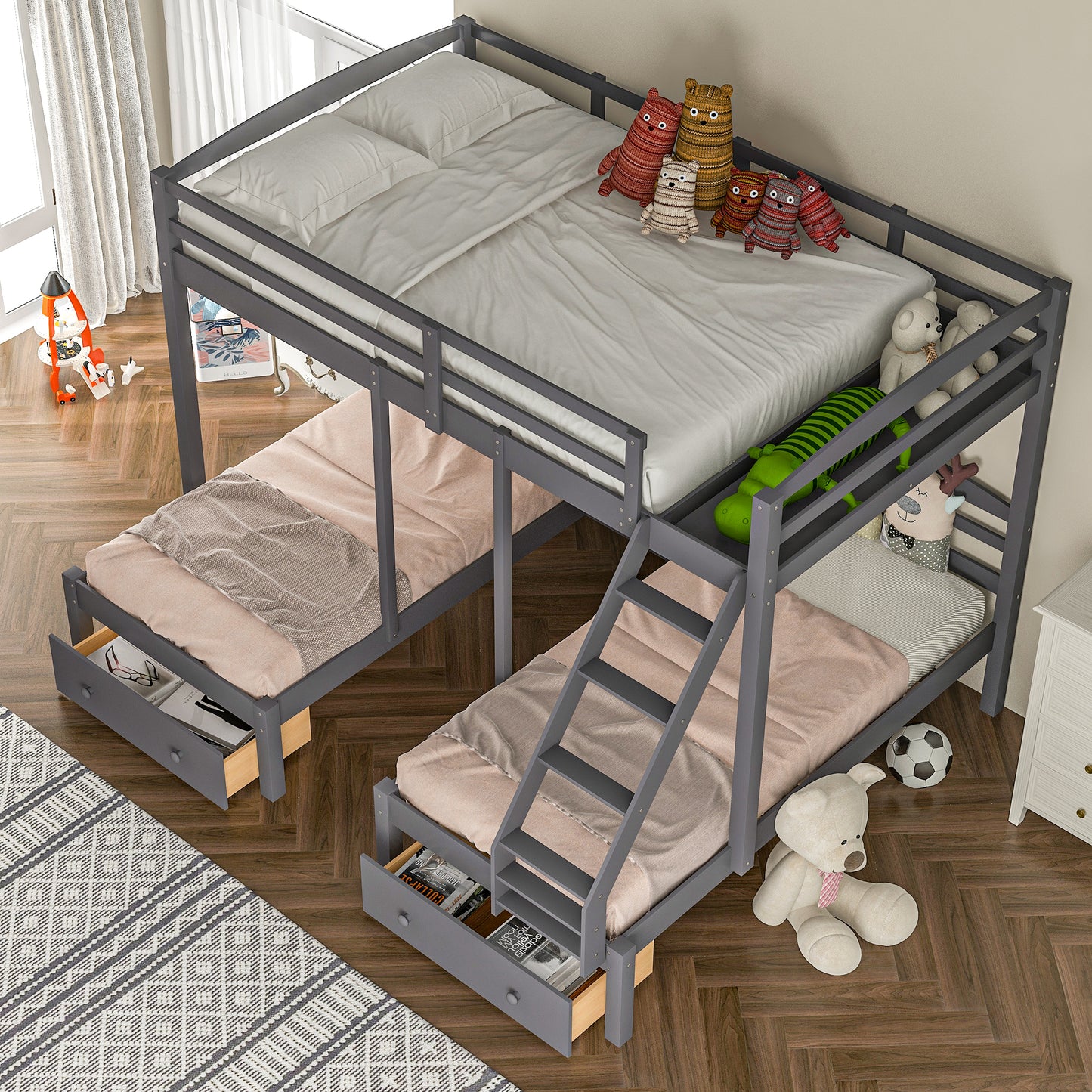 Grey wooden triple bunk bed with drawers and attached ladder perfect for kids rooms