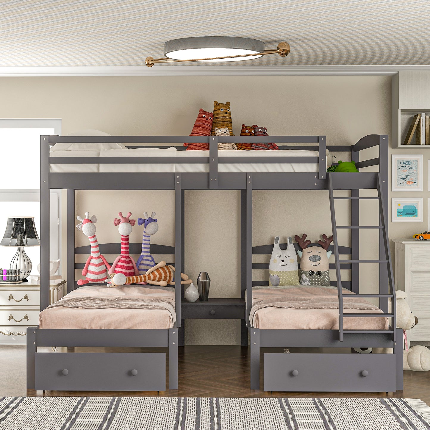 Gray wooden triple bunk bed with drawers for kids room