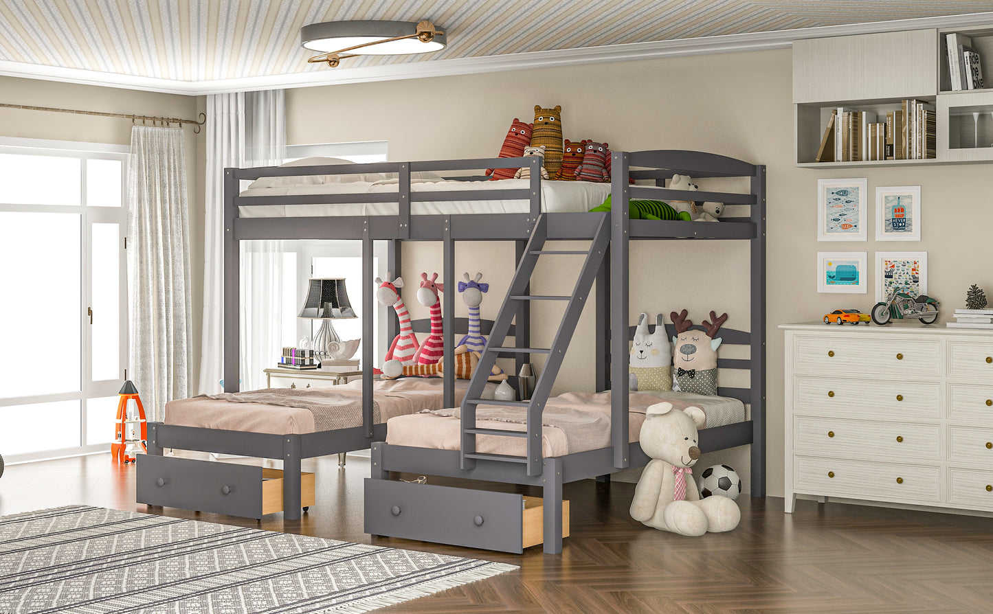 Gray triple bunk bed with wooden accents and storage drawers perfect for kids rooms