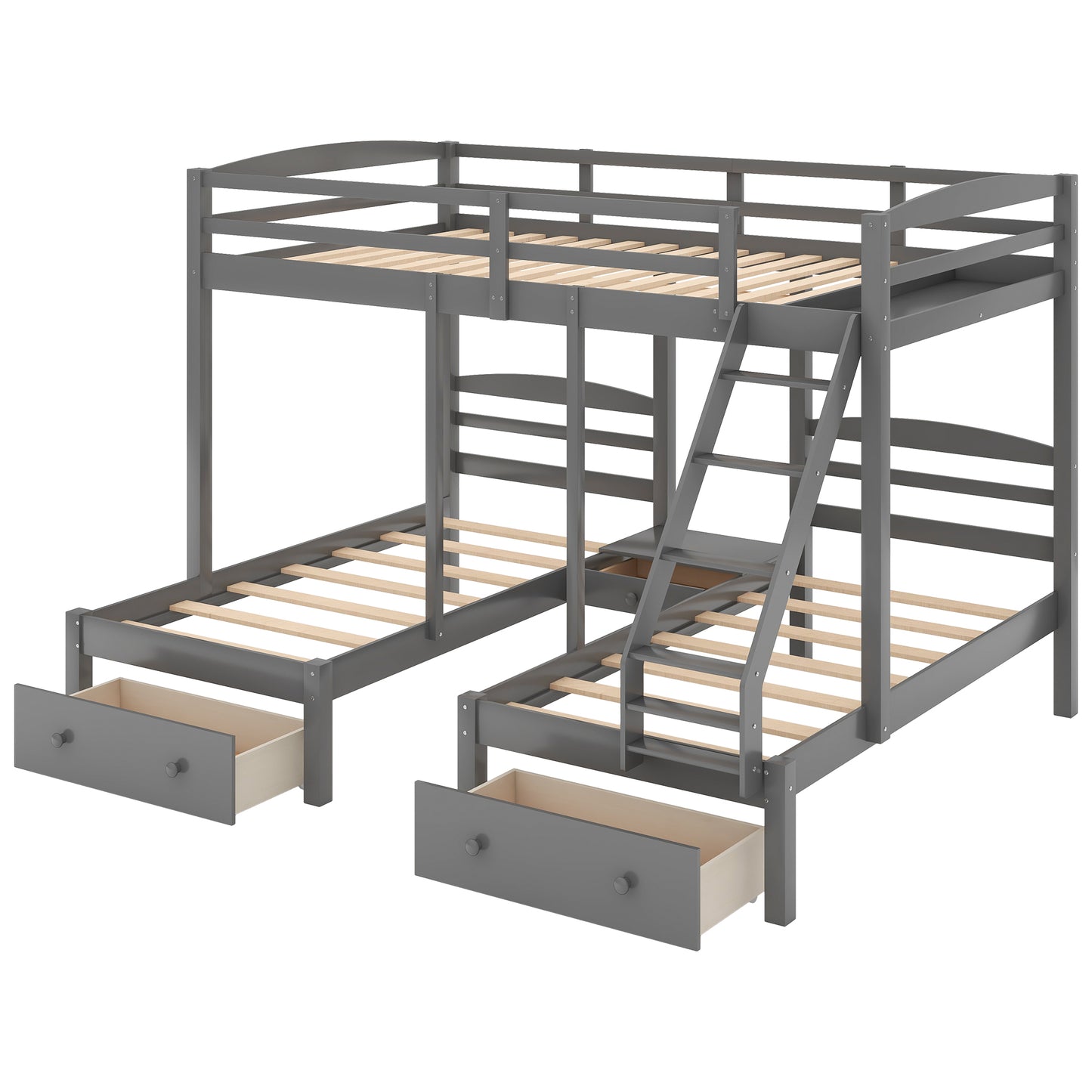 Gray triple bunk bed with builtin drawers perfect for kids rooms