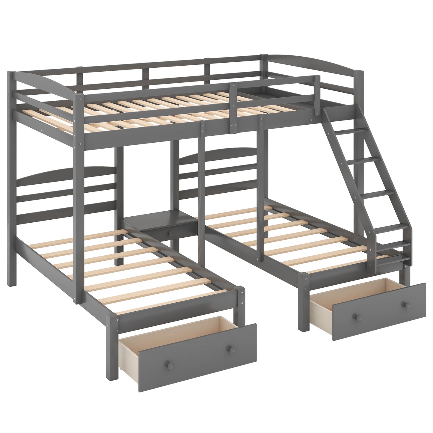 Grey wooden triple bunk bed with stairs and integrated drawers for spacesaving storage