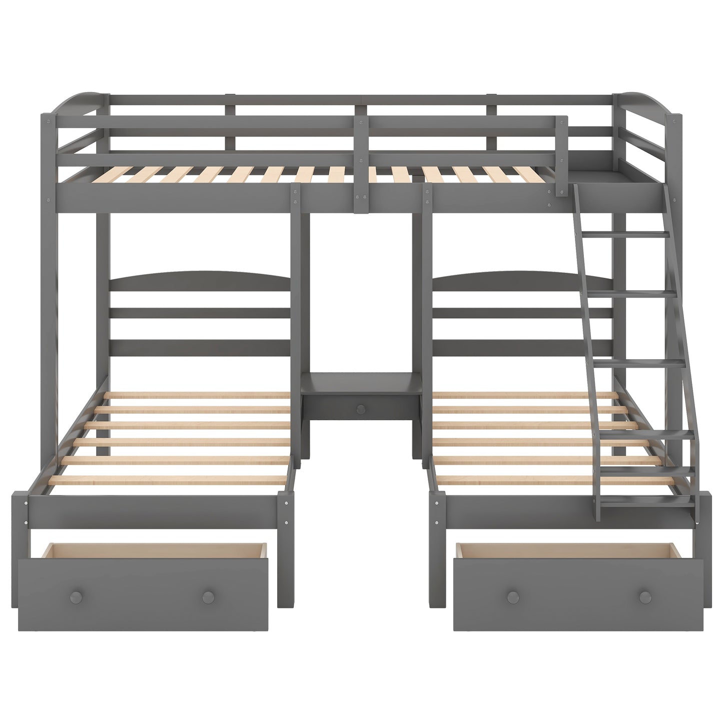 Gray wooden triple bunk bed with drawers perfect for kids rooms