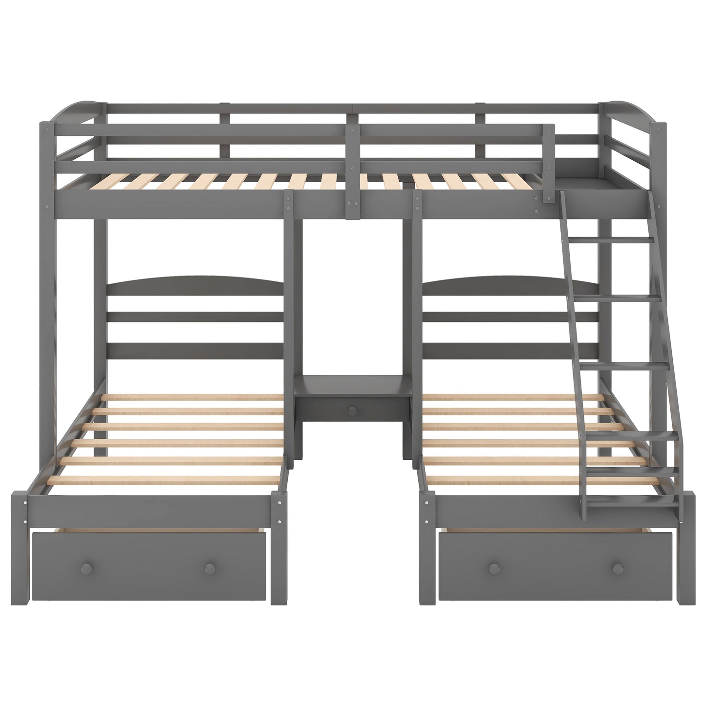 Gray twin over twin over twin bunk bed with drawers for children