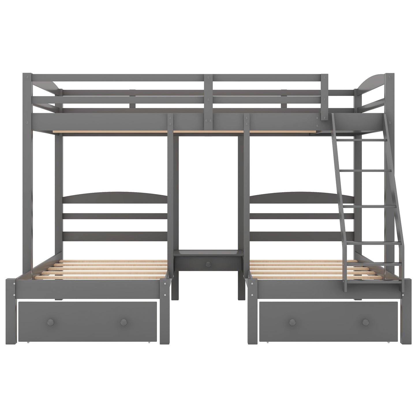 Grey Lshaped bunk bed with ladder and builtin drawers ideal for kids rooms