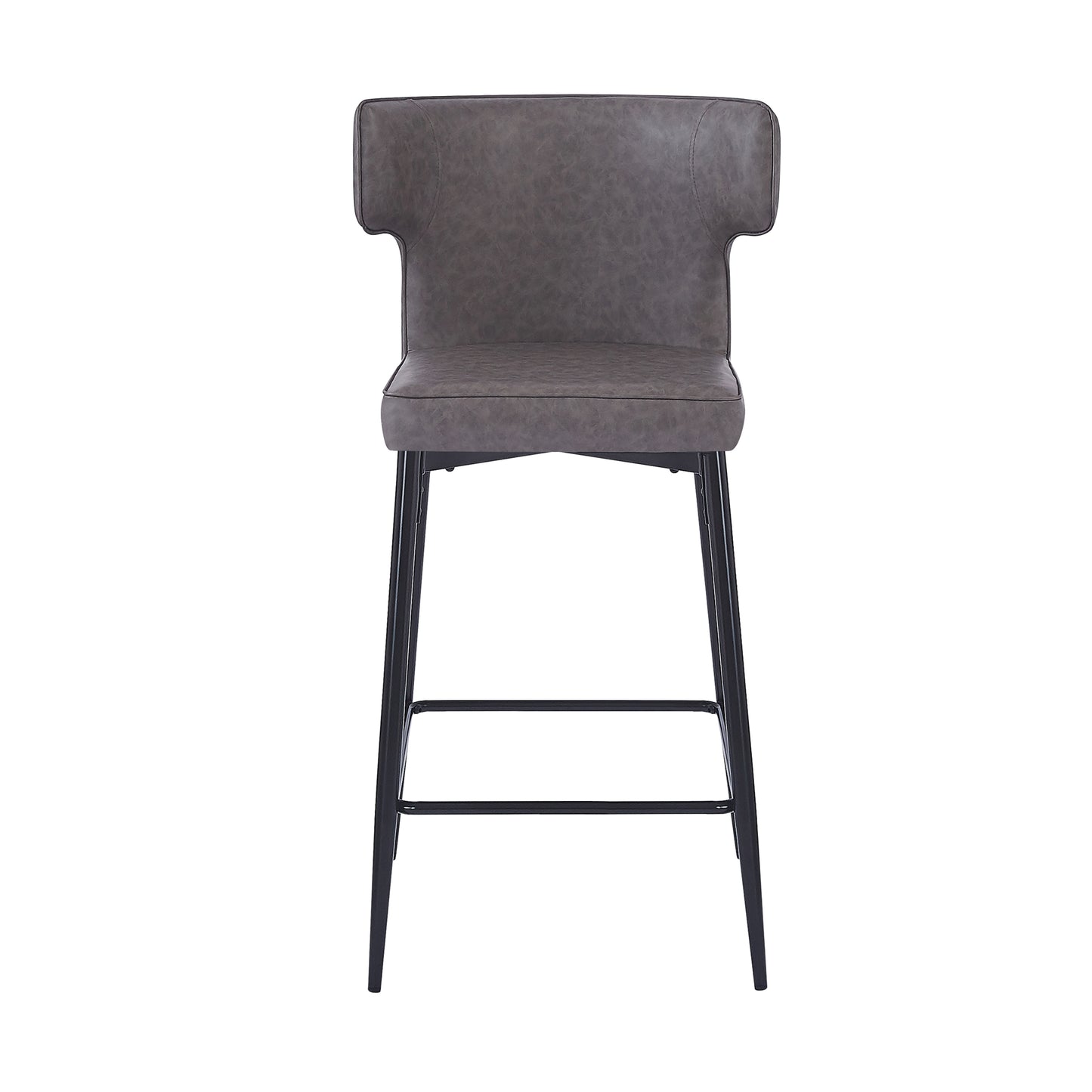 A modern gray faux leather bar stool with black metal legs and a comfortable padded seat