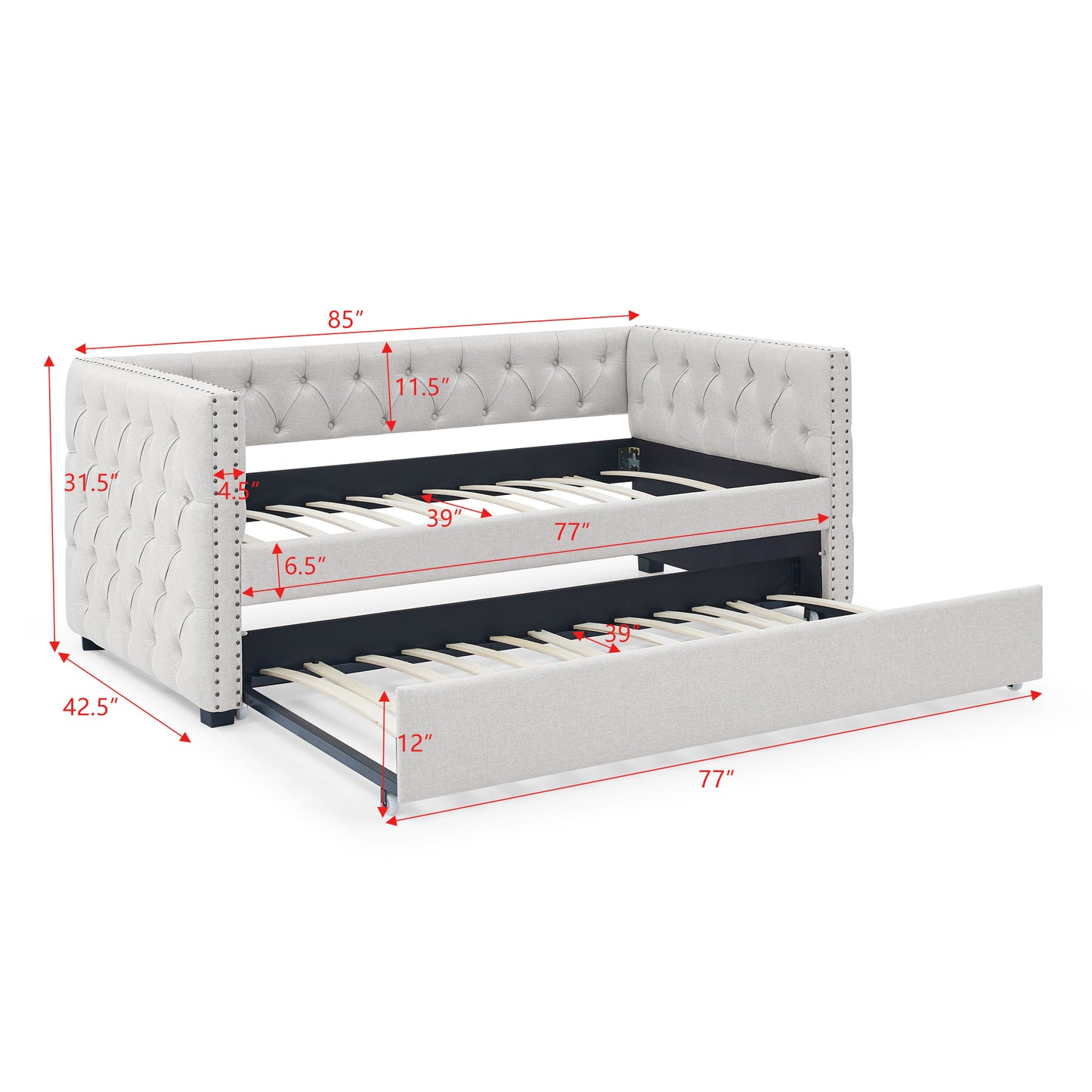 Tufted light grey upholstered daybed with a pullout trundle bed perfect for guest rooms