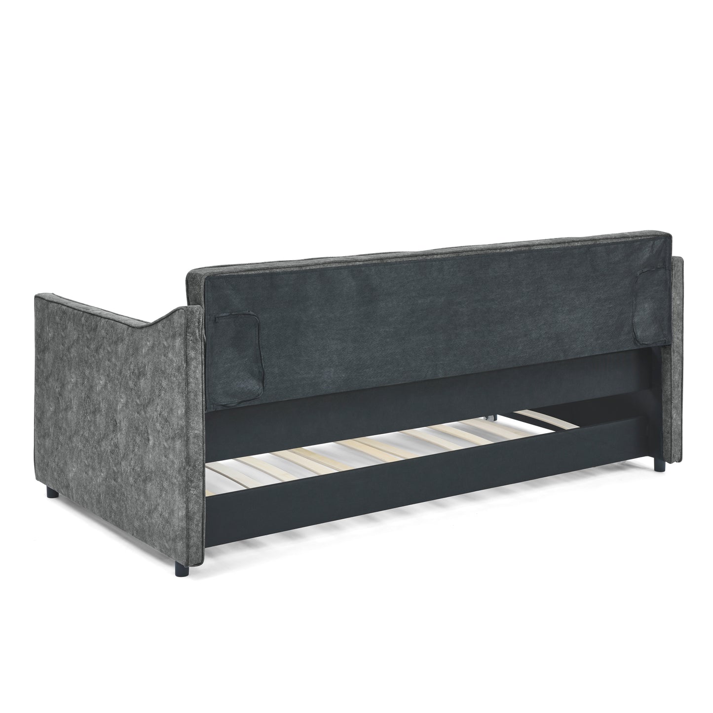 Dark grey fabric futon sofa bed with wooden slats visible from the rear view