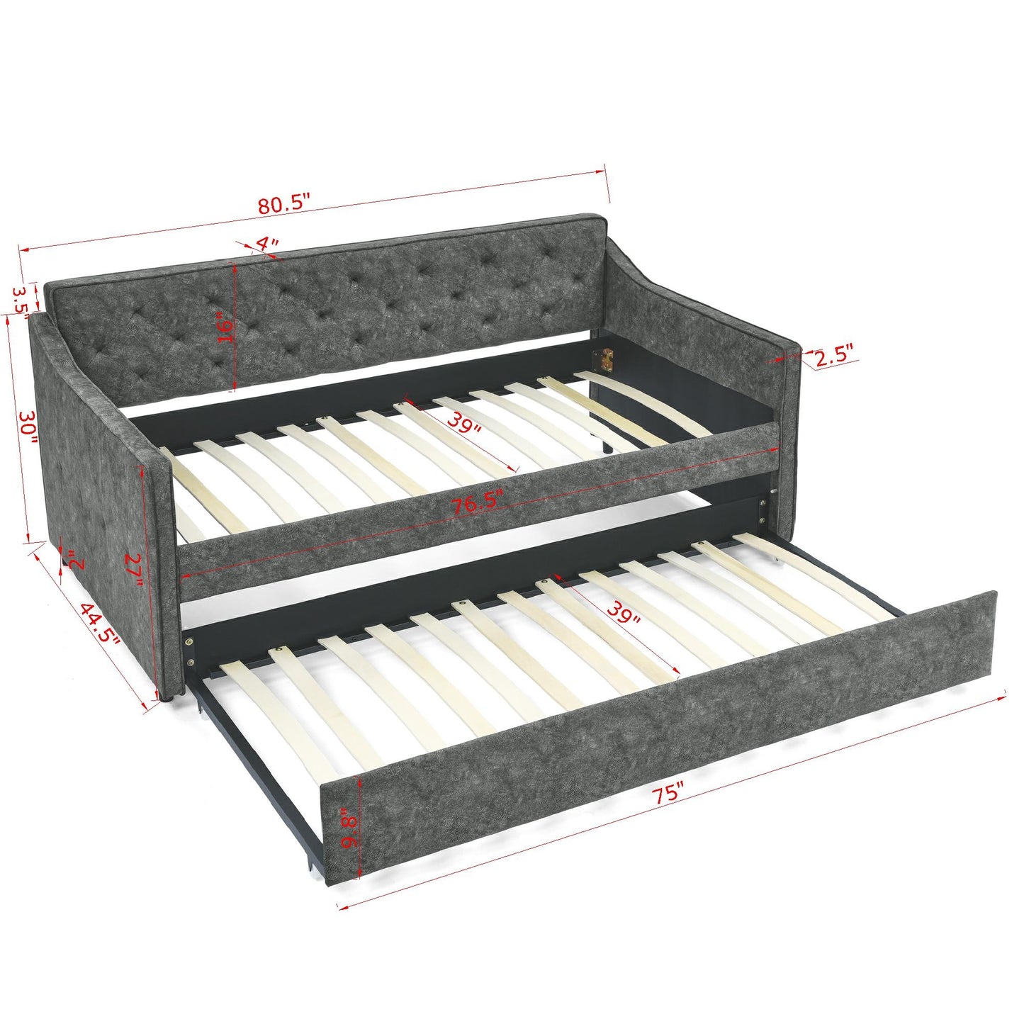 Dark gray tufted fabric daybed with trundle and dimensional markings