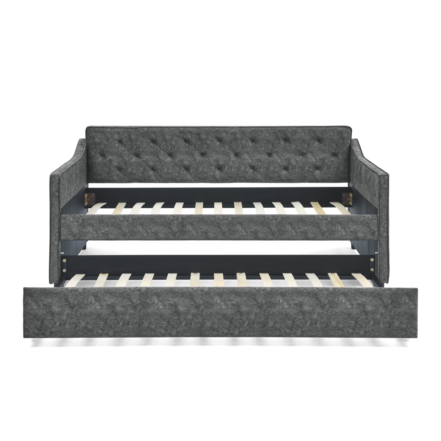 Tufted charcoal gray fabric daybed with pullout trundle and slatted support for twin mattresses