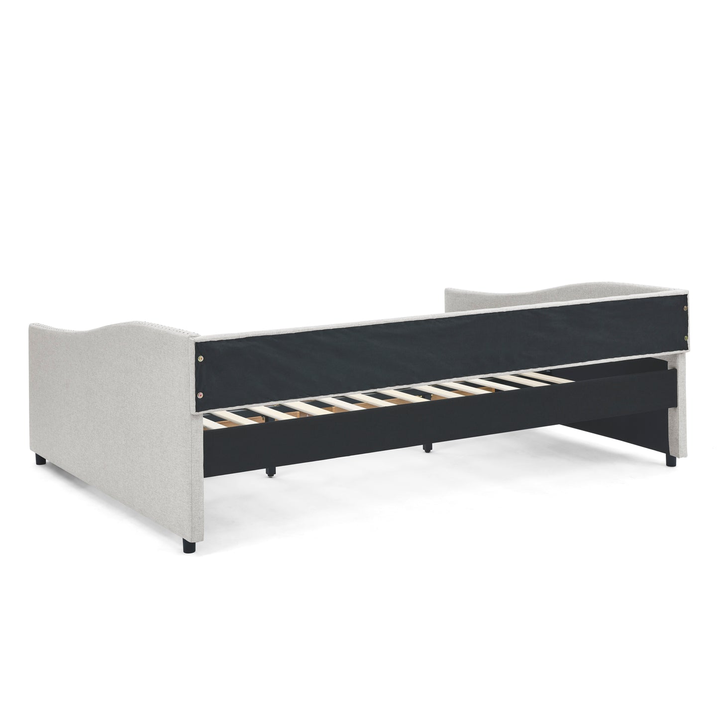 Light gray upholstered daybed with a curvaceous headboard and visible wooden slats ideal for a modern bedroom