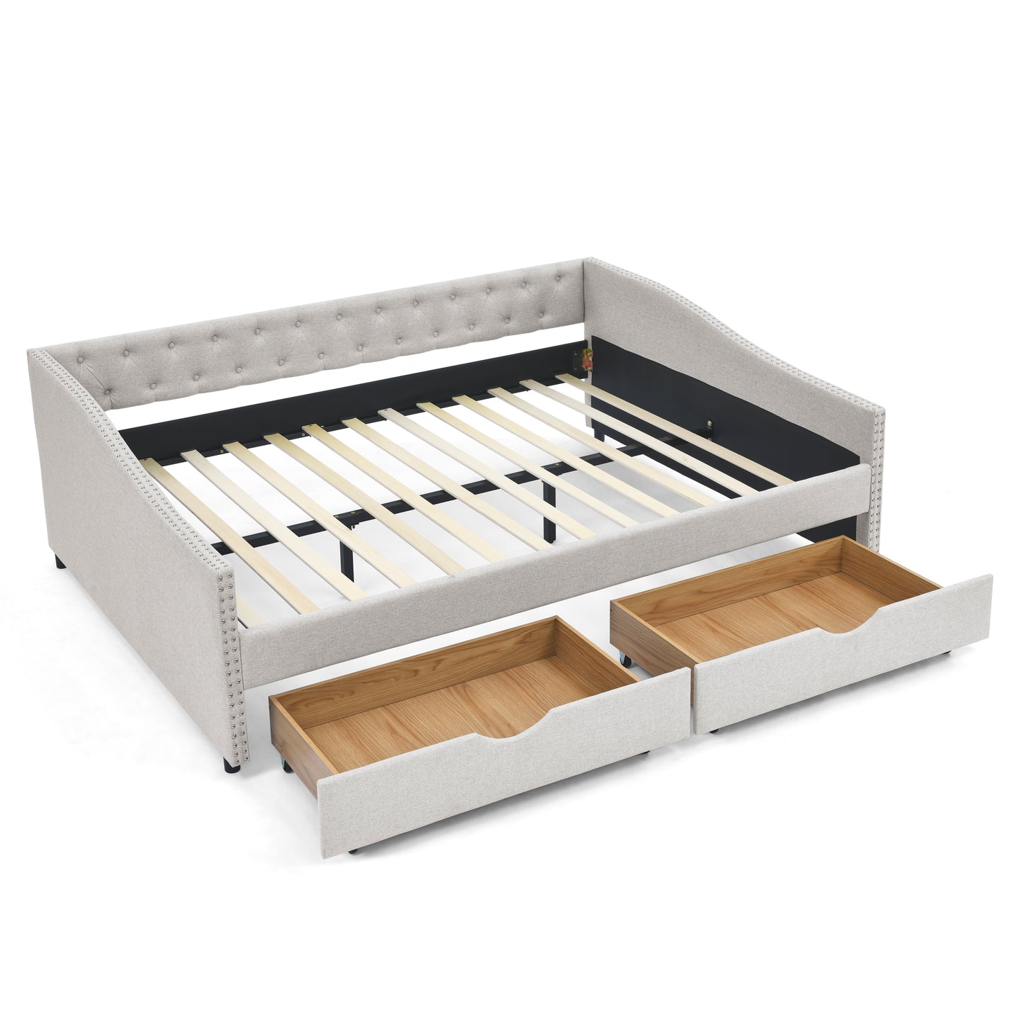 Tufted light grey fabric daybed with two pullout storage drawers
