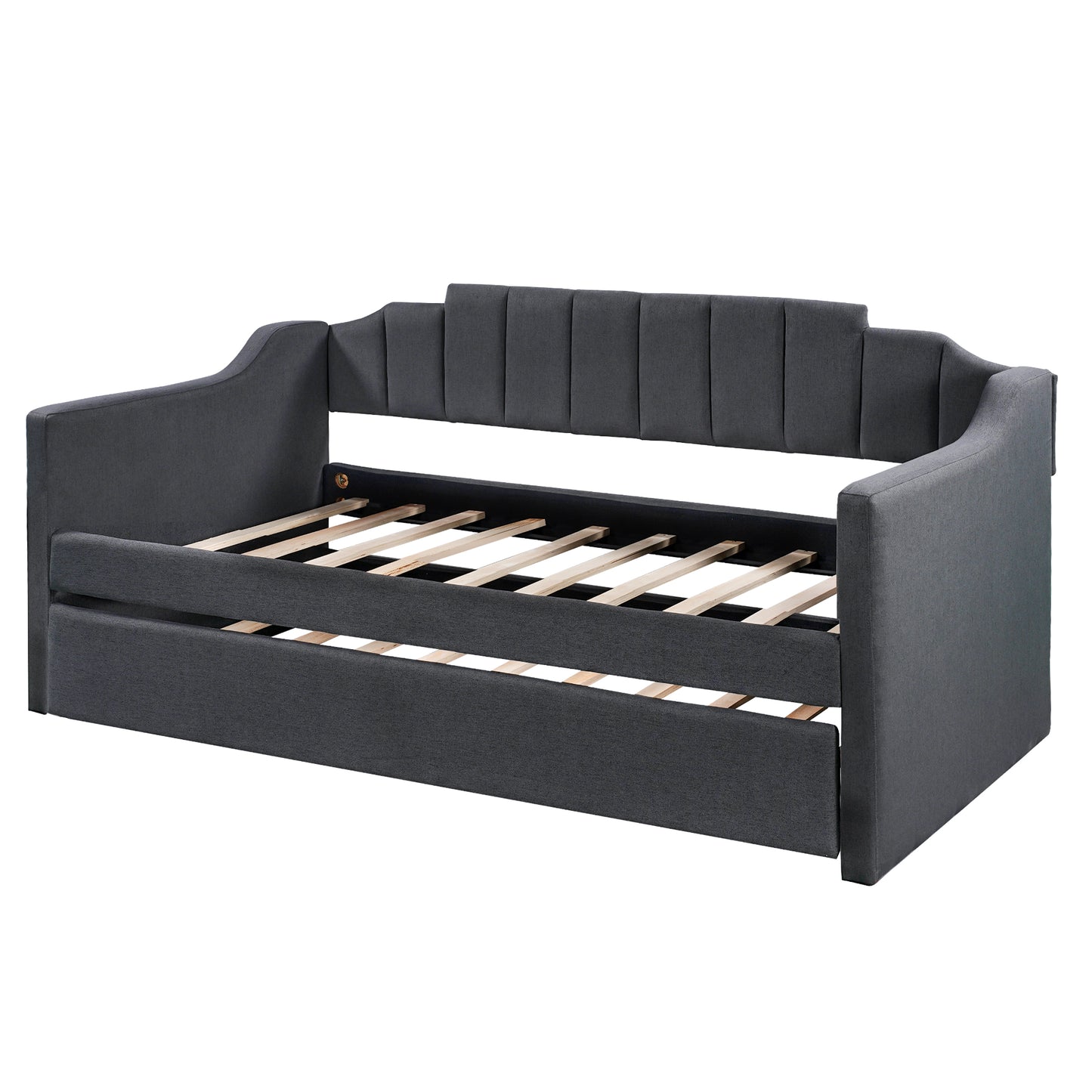 Dark grey upholstered daybed with channeled back and pullout trundle ideal for guest rooms