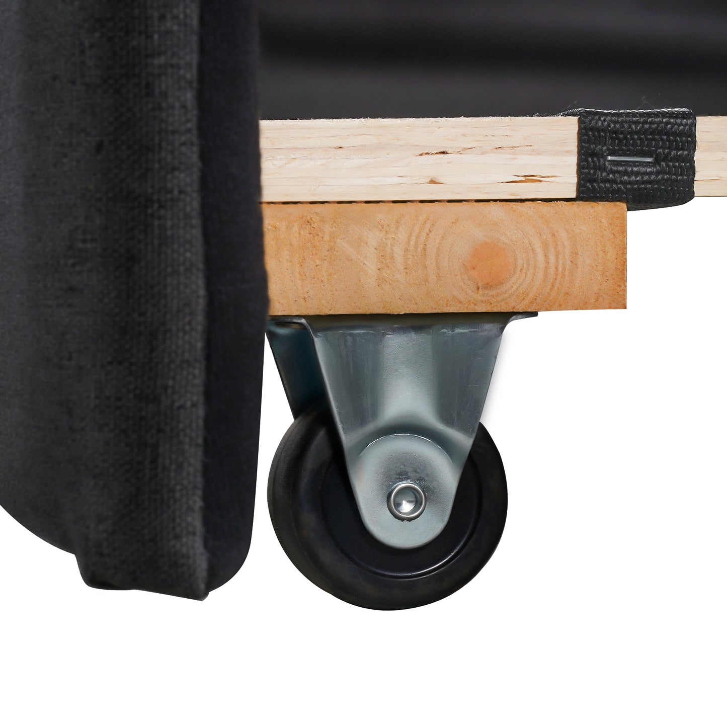 Black fabric sofa base with attached heavyduty caster wheel for mobility