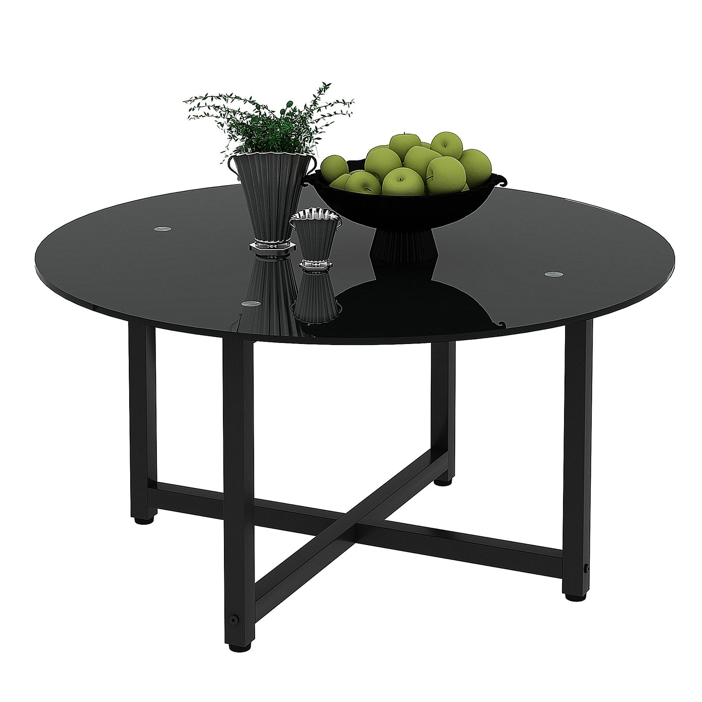 Black glass round dining table with matte black metal base perfect for modern kitchens