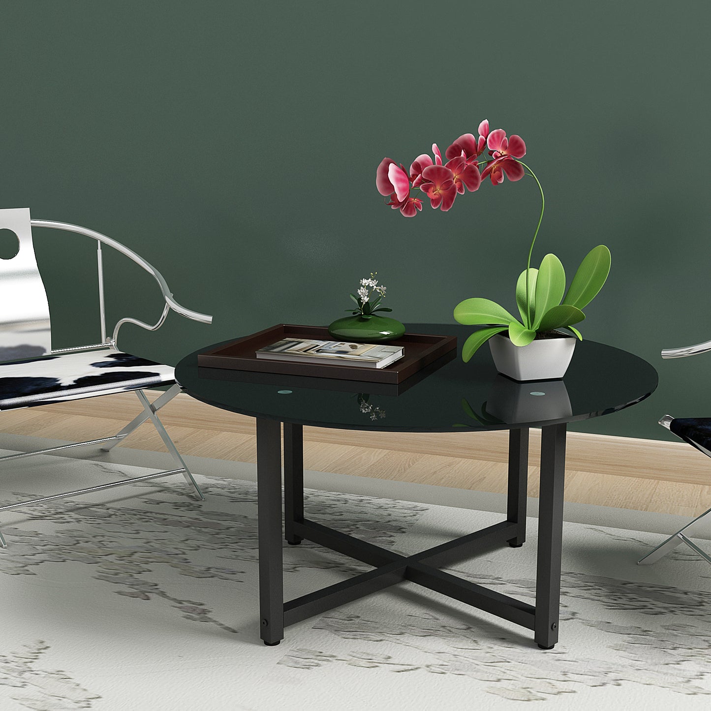 Black glass round coffee table with metal Xbase perfect for modern living rooms