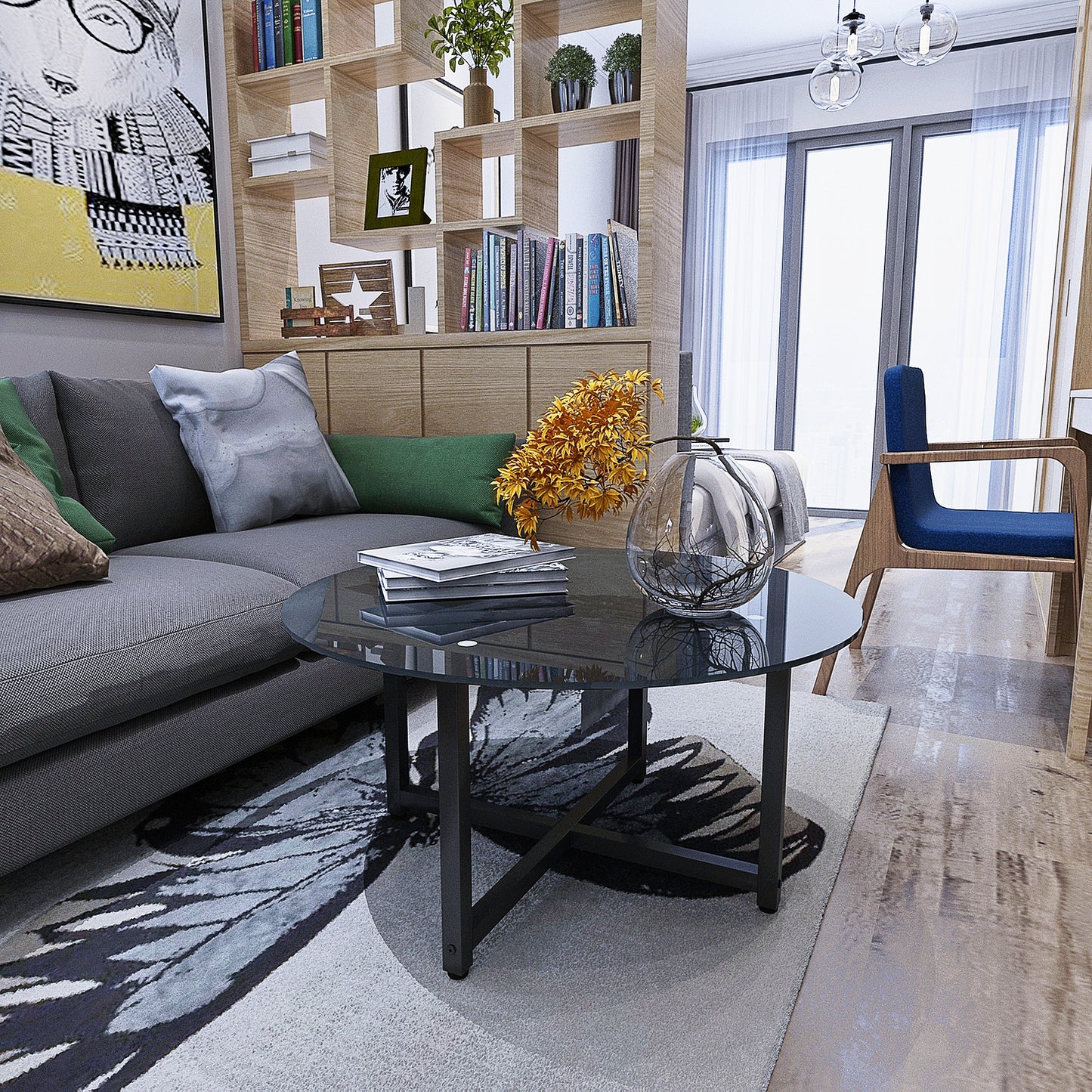 Round black glass coffee table with metal base complementing a modern living room