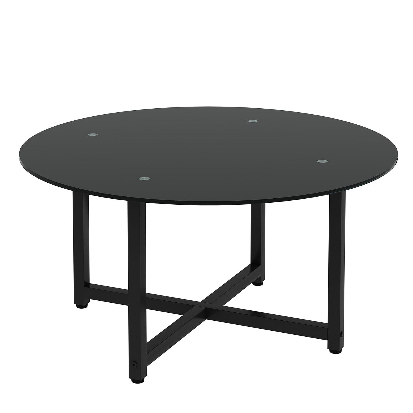 Sleek black round glass coffee table with a matte black metal base and crossleg design