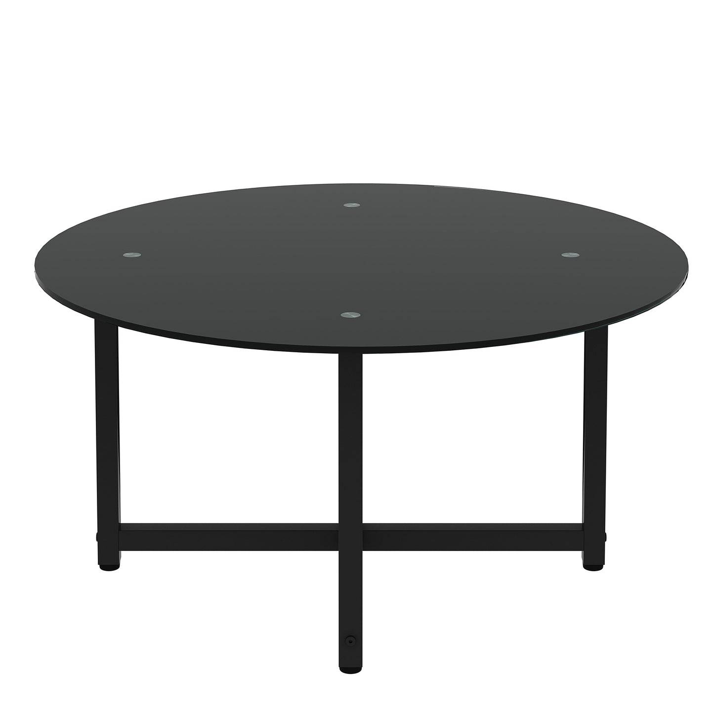 Sleek black glass round coffee table with black metal legs perfect for modern living rooms