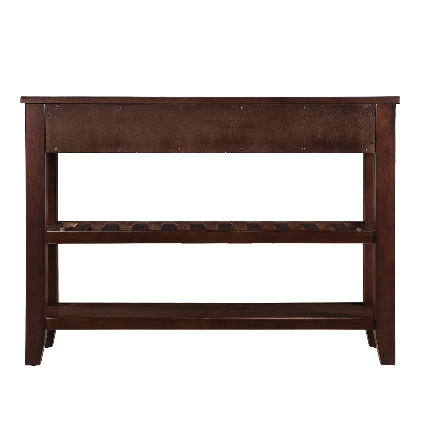 Dark brown wood console table with two open shelves and a slatted top shelf for wine bottle storage