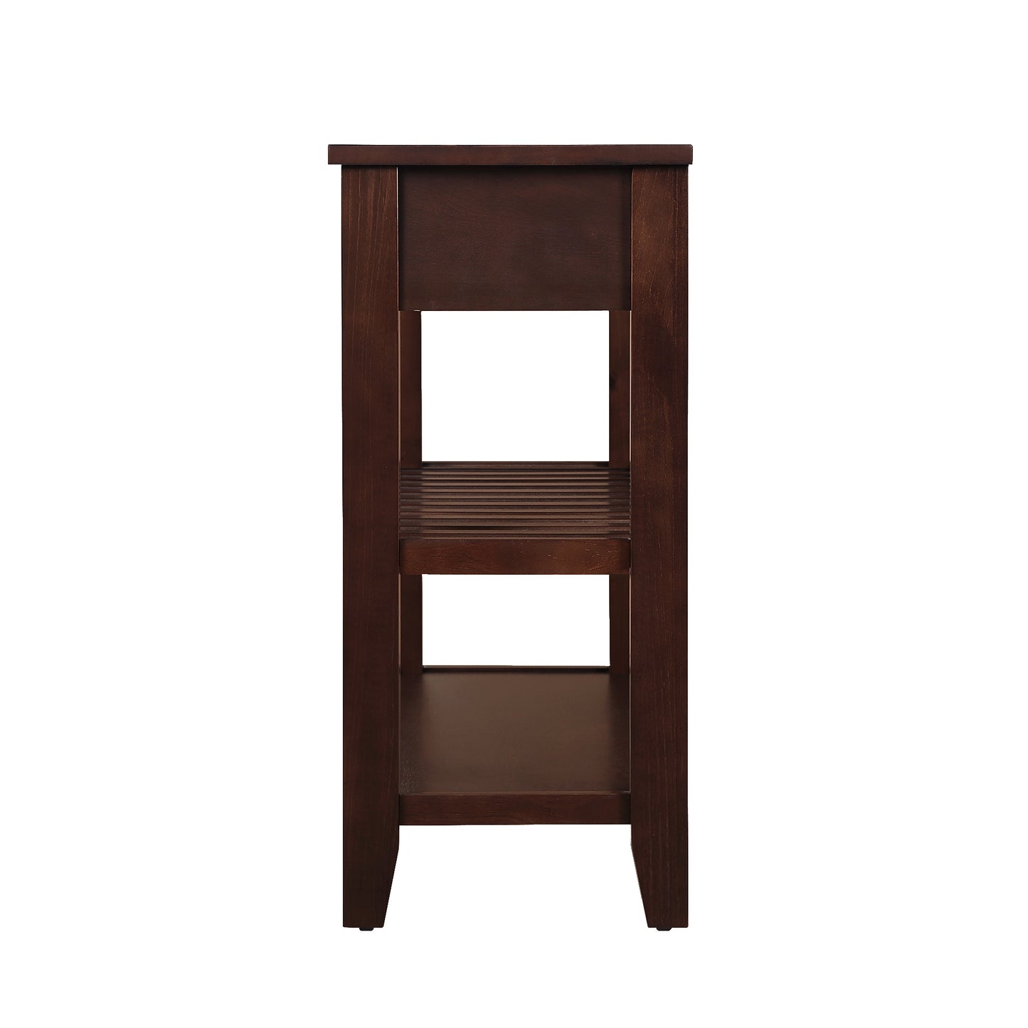 Dark brown wooden end table with one drawer and two open shelves for storage