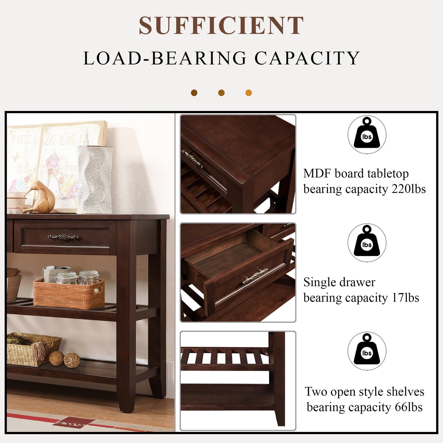 Dark wood console table with ornate drawer pulls and tiered shelves