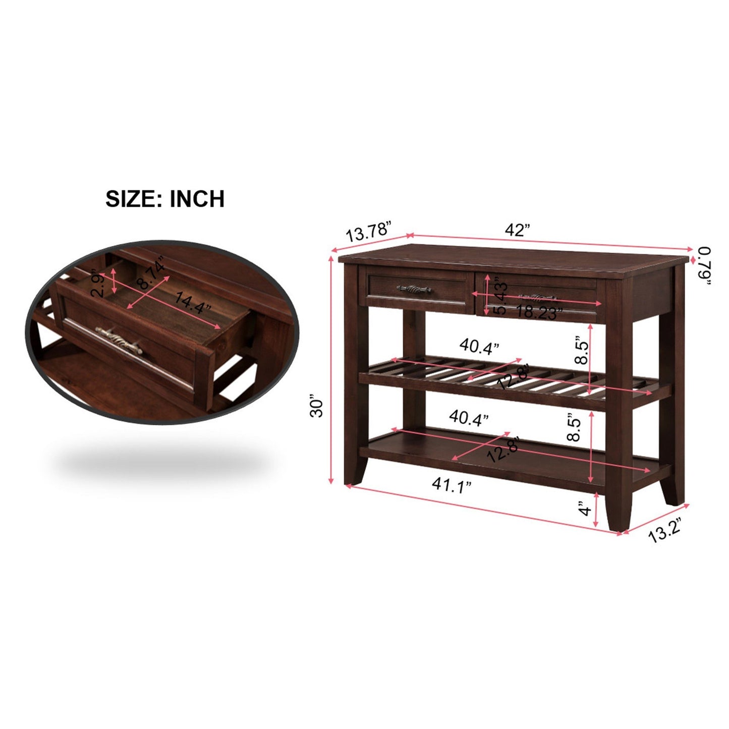 Dark brown console table with two drawers and three open shelves W