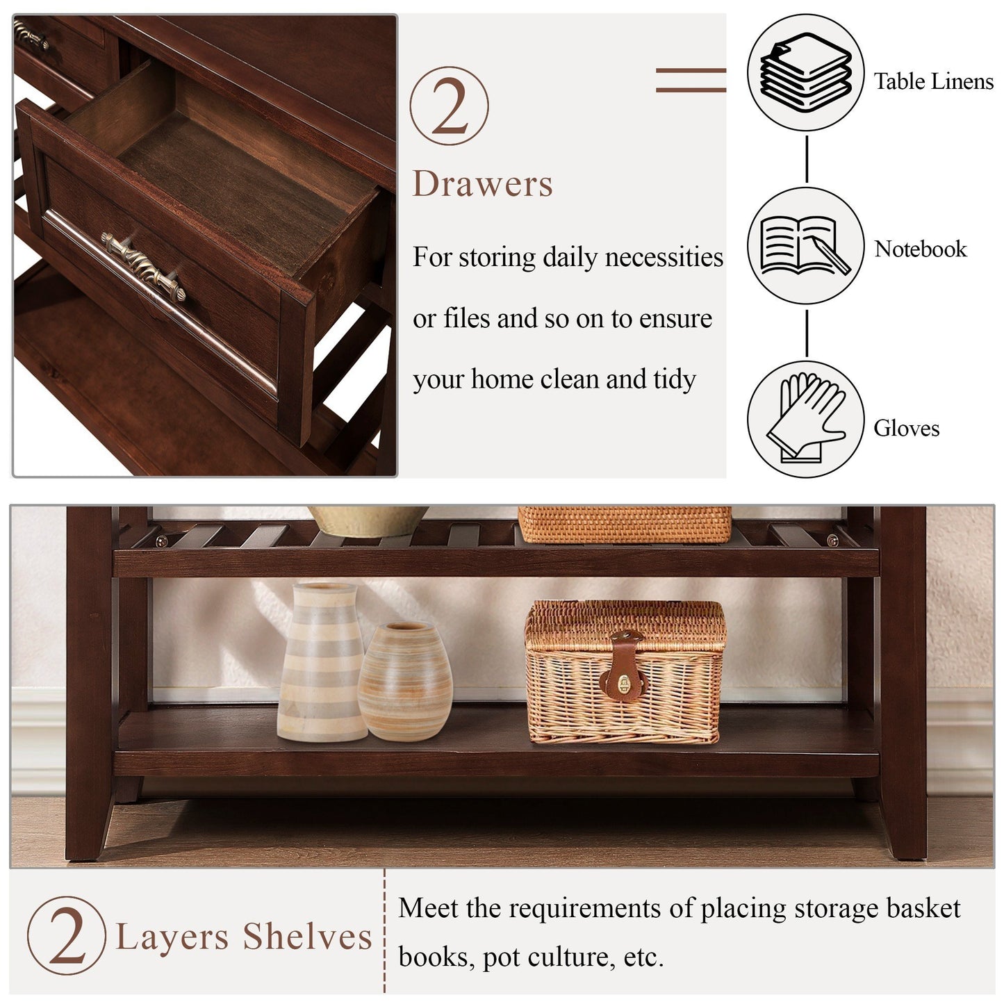 Rich dark wood console table with two open drawers showcasing interior