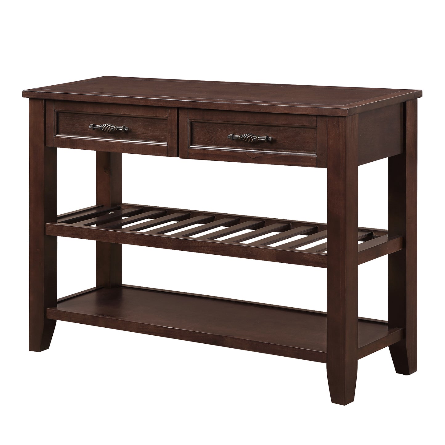 Dark brown wooden console table with two drawers and slatted shelf