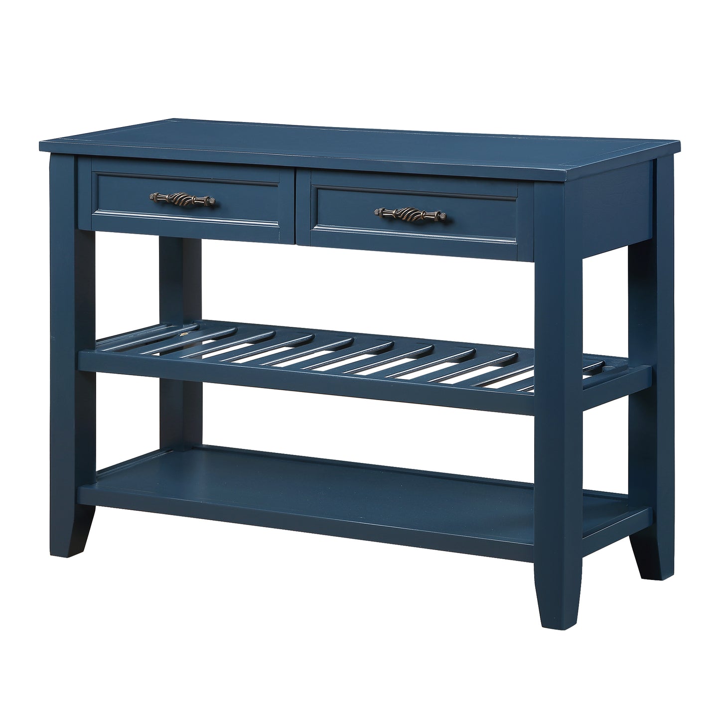 Dark blue wooden console table with two drawers and slatted shelf