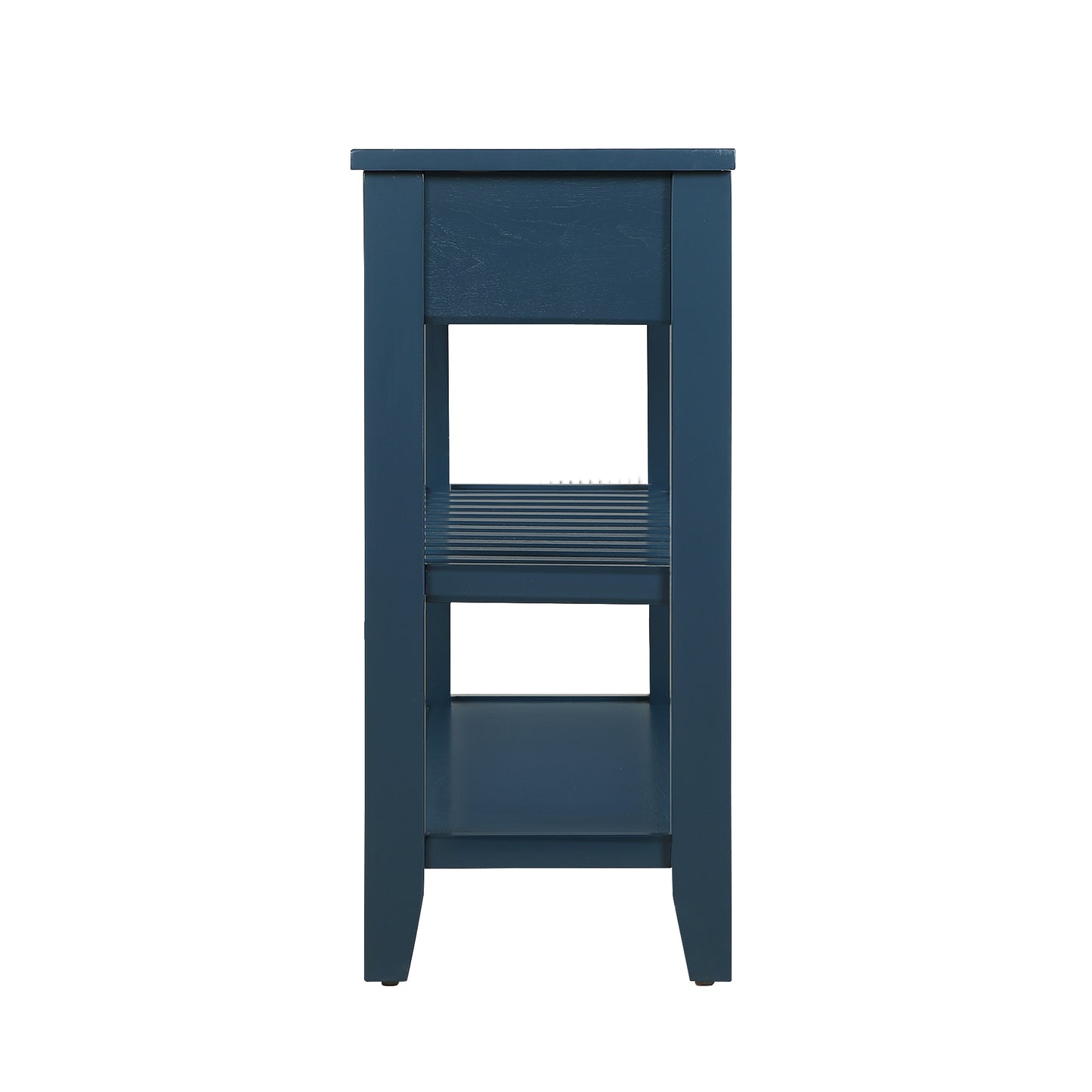 Navy blue wooden side table with one drawer and two open shelves