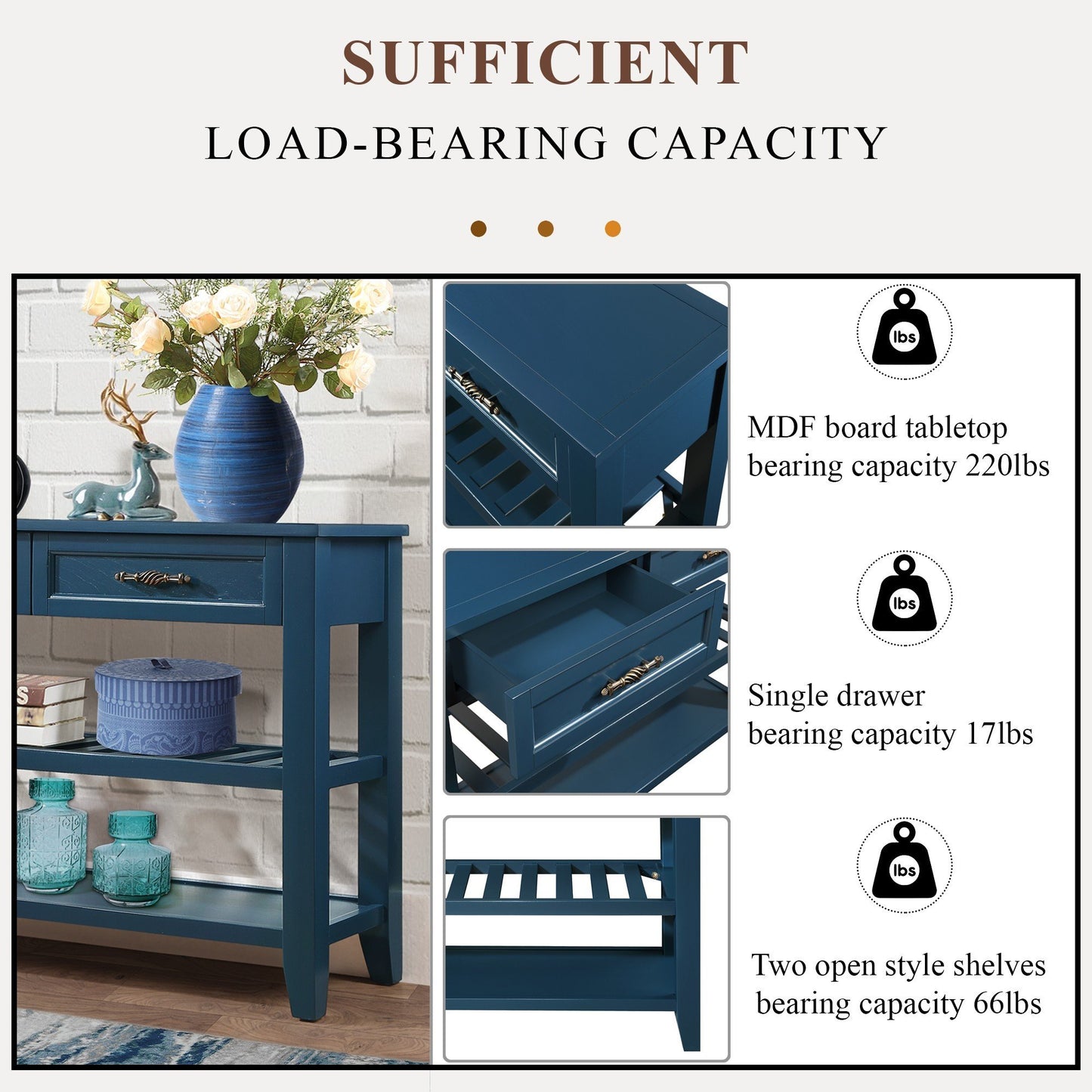 Dark blue MDF console table with ornate drawer pull and decorative elements