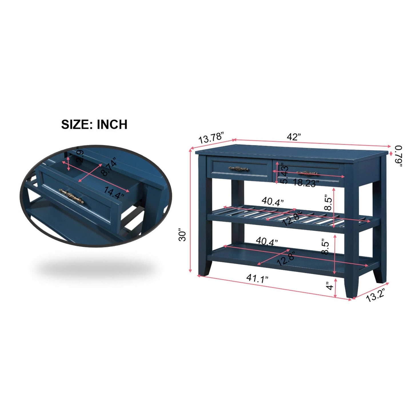 Navy blue console table with two shelves and a drawer perfect for entryways