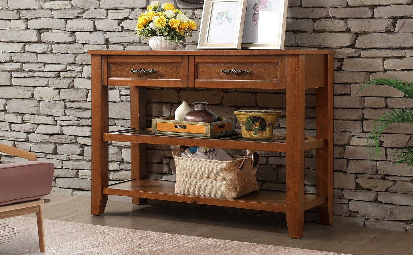 Rustic brown wood console table with two drawers and open shelves